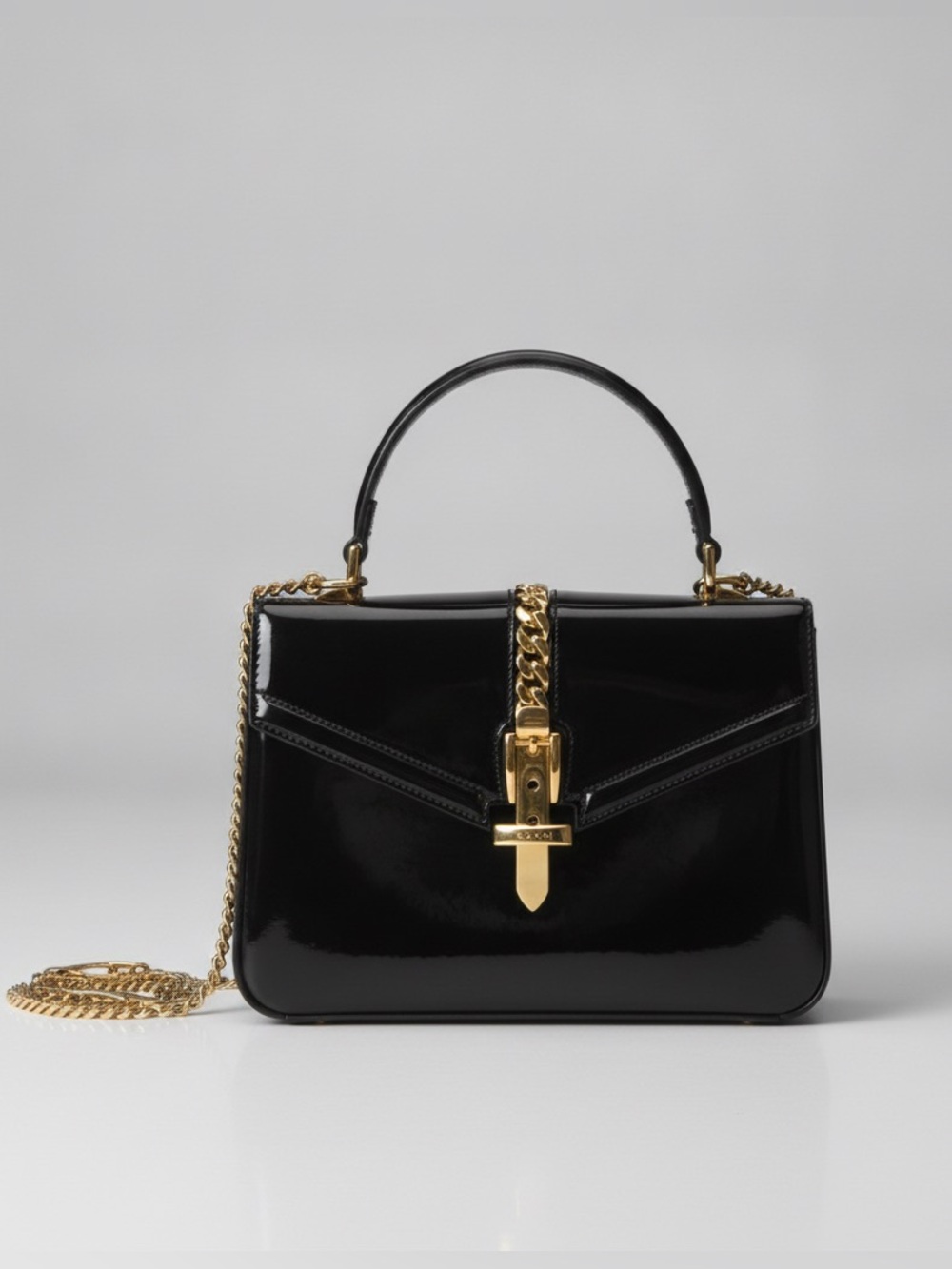 Gucci Sylvie Black Patent Mini Bag with Gold Accents Excellent Condition!